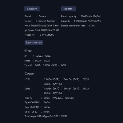 20. Baseus Adaman Powerbank mit Schnellladung 20000 mAh 22,5 W + USB-A - USB-C 3A Kabel 0,3 m schwarz