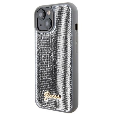 2. Guess Pailletten-Schriftzug-Metallgehäuse für iPhone 15 – Silber