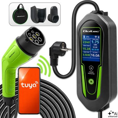Qoltec Ladegerät für Elektroautos und Hybridfahrzeuge mit 2-in-1-Regulierung Typ 2 | 3,5 kW | 230 V | Schuko 16 A | WLAN | Tuya | Smart Life | LCD | 5 m