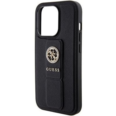 5. Guess Grip Stand 4G Saffiano Strass Hülle für iPhone 15 Pro Max - Schwarz