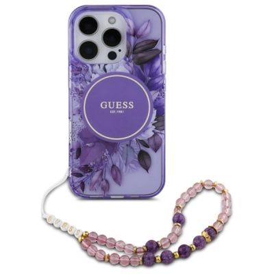 2. Guess IML Flowers MagSafe Hülle mit Perlenriemen für iPhone 16 Pro Max – Lila