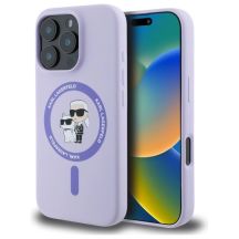 Karl Lagerfeld Silikon Karl&Choupette Heads Ring MagSafe Hülle für iPhone 16 Pro – Lila