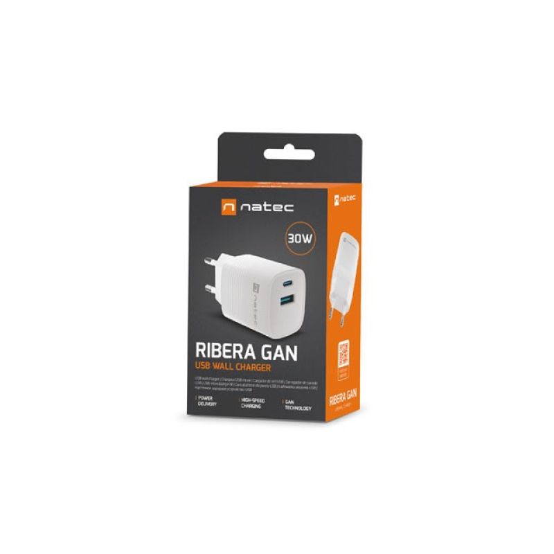 4. NATEC LADEGERÄT RIBERA GAN 1X USB-A + 1X USB-C 30W WEISS NUC-2140
