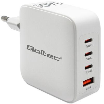 8. Qoltec 140W GaN-Wandladegerät | 5–20 V | 2,5–5 A | 3 x USB-C PD | 1 x USB QC 3.0 | Weiß