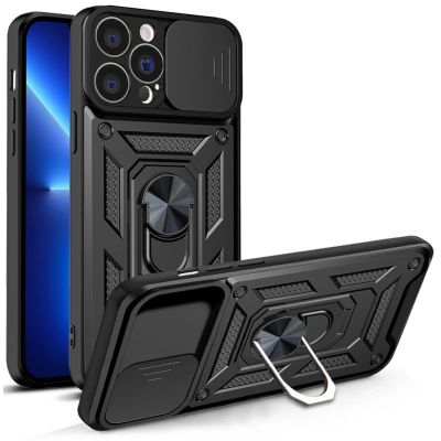 Hybrid Armor Camshield Hülle für iPhone 13 Pro gepanzerte Hülle mit Kameraabdeckung schwarz
