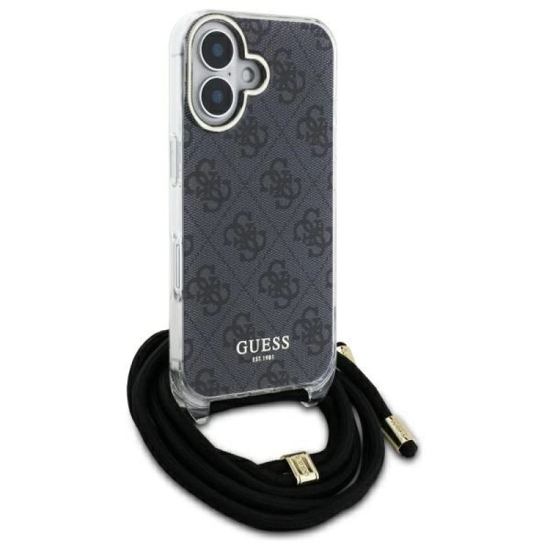 7. Guess Crossbody Cord 4G Print Case mit Lanyard für iPhone 16 Pro – Schwarz