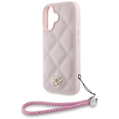 5. Karl Lagerfeld iPhone 16 Hülle mit gestepptem Initialenlogo und Kettenriemen – Rosa