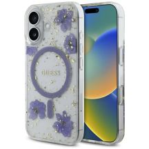 Guess Resin Flowers Glitter MagSafe Hülle für iPhone 16 - Lila
