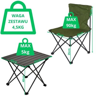 40. Faltbares Touristen-Set 3-in-1 Tisch und 2 Stühle Green Enero Camp
