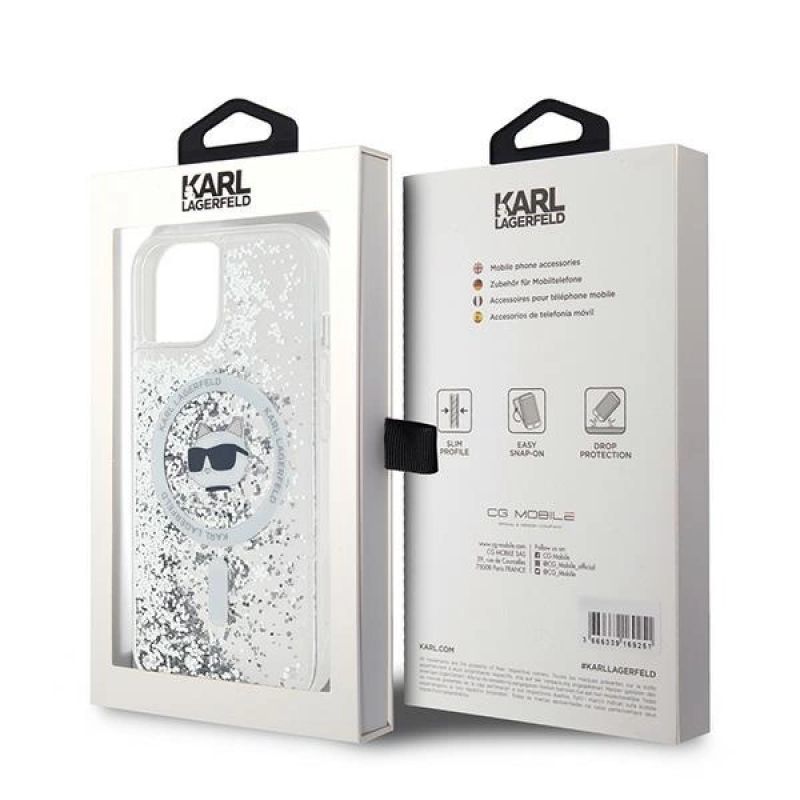 8. Karl Lagerfeld Liquid Glitter Choupette Head MagSafe Hülle für iPhone 15 / 14 / 13 – transparent