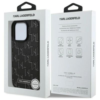 8. Karl Lagerfeld MagSafe-Hülle aus Leder mit Monogramm und Metalllogo für iPhone 16 Pro Max – Schwarz