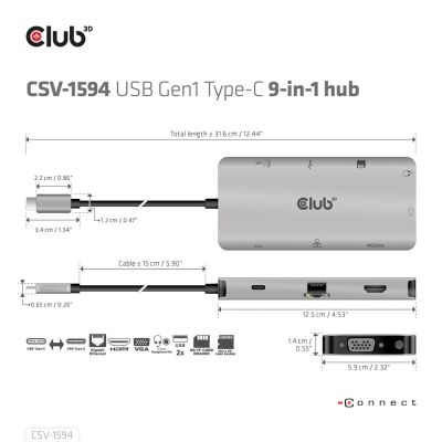 9. CLUB3D CSV-1594 USB 3.2 Gen 1 (3.1 Gen 1) Typ-C Dockingstation, Schwarz, Grau