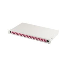 FO-Patchpanel mit Geräten, 19 Zoll, 1 HE, 24x LC DX, OM4, Adapter, verschiebbar, grau