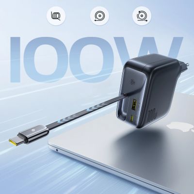 9. Baseus EnerCore CJ11 100W Wandladegerät mit USB-A- und USB-C-Anschlüssen und einziehbarem USB-C-Kabel – Schwarz