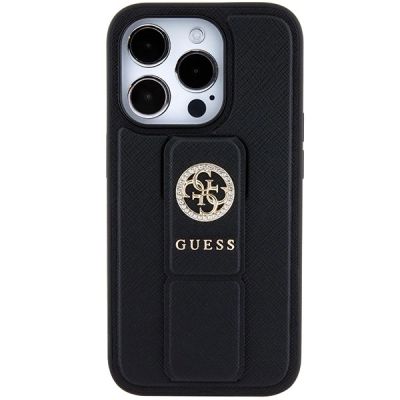 3. Guess Grip Stand 4G Saffiano Strass Hülle für iPhone 15 Pro Max - Schwarz