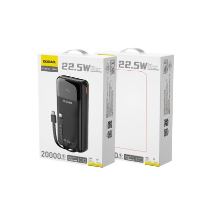 2. Dudao K15Pro Powerbank 20000 mAh 22,5 W PD USB-C / USB-A / integrierte Lightning und USB-C-Kabel – Schwarz