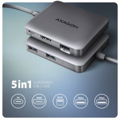 2. Axagon N HMC-5HL USB-5-Gbit/s-Hub, 2x USB-A, HDMI 4K/60 Hz, RJ-45 GLAN, PD 100 W, USB-C-Kabel, kabelgebunden, USB 3.2 Gen 1 (3.1 Gen 1) Type-C, Silber