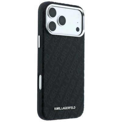 4. Karl Lagerfeld MagSafe-Schutzhülle aus Metall mit genarbtem Allover-Logo für iPhone 17 Pro / 18 Pro – Schwarz