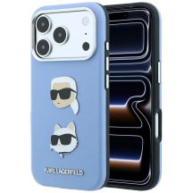 Karl Lagerfeld Saffiano Hülle mit Karl & Choupette Köpfen Pins & Logo für iPhone 18 Pro / 17 Pro - hellblau