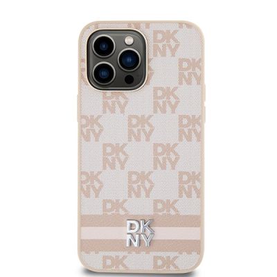 3. DKNY Lederhülle mit kariertem Monomuster und bedruckten Streifen für iPhone 14 Pro Max – Rosa