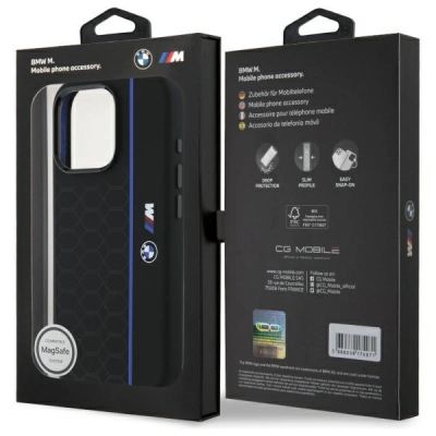 8. BMW Silikon-Hülle mit sechseckigem, blauem Streifen und MagSafe-Funktion für iPhone 16 Pro Max – Schwarz