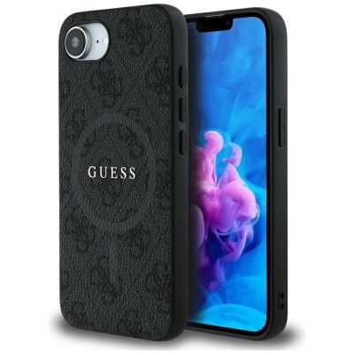 Guess PU Leder 4G Farbige Ringhülle mit MagSafe für iPhone 16e - Schwarz