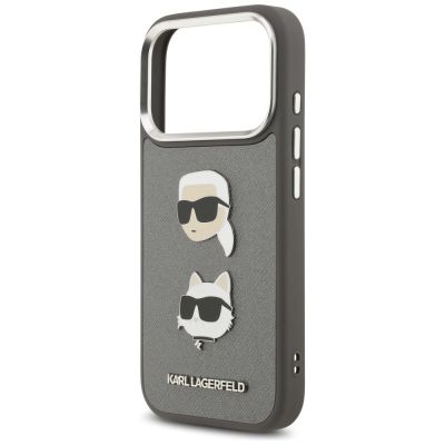6. Karl Lagerfeld FW Grained Karl & Choupette Heads Pins & Logo iPhone 17 Pro Hülle - Grau