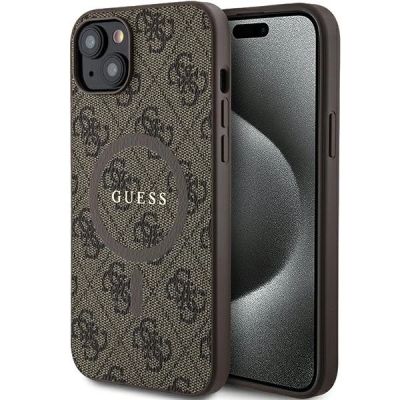 Guess 4G Collection Leder Metall Logo MagSafe Hülle für iPhone 15 Plus / 14 Plus – Braun