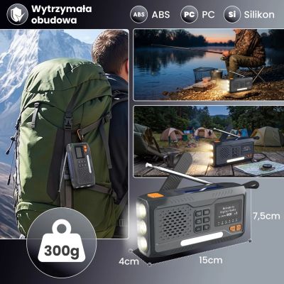 6. Extralink Bluetooth-Solarradio mit Kurbeldynamo-Powerbank (4000 mAh) und SOS-Taschenlampe BT-4000, tragbar, analog und digital, Schwarz/Orange