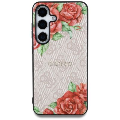 3. Guess Leather 4G Flowers Print Metal Classic Logo MagSafe Hülle für Samsung Galaxy S25 - Rosa