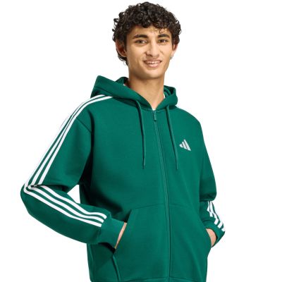 5. adidas Essentials Fleece-Kapuzenjacke für Herren mit 3 Streifen und durchgehendem Reißverschluss, Grün KZ1412
