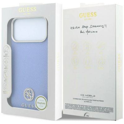 8. Guess MagSafe Hülle mit genarbtem, rundem Strass-Logo für iPhone 18 Pro Max / 17 Pro Max – Blau