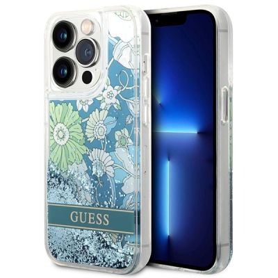 Guess GUHCP14LLFLSN iPhone 14 Pro 6.1" grün/grüne Hardcase Flower Liquid Glitter