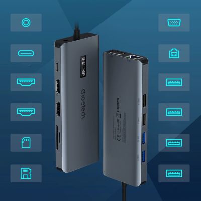 9. Choetech multifunktionaler HUB mit Display 12in1 USB-C auf USB-C / USB-A / HDMI / VGA / AUX / SD / TF grau (HUB-M26)