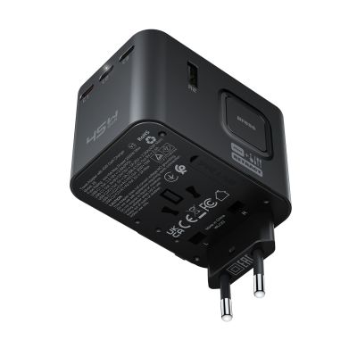 3. Acefast Z8 GaN 45W Reiseadapter 3x USB-C + 2x USB-A Reise-Wandladegerät mit 2500W-Netzsteckdose – Schwarz