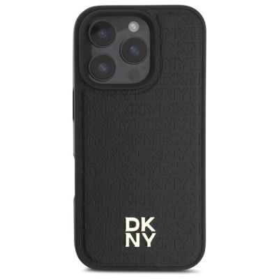 3. DKNY Repeat Pattern Stack Logo MagSafe-Hülle für iPhone 16 Pro – Schwarz