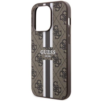 6. Guess 4G Printed Stripes MagSafe-Hülle für iPhone 15 Pro – braun