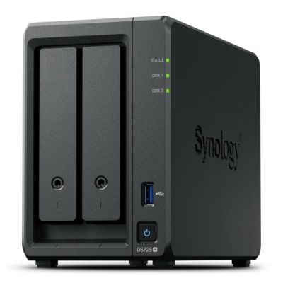 Synology DS725+ NAS, Tower, 2x 2,5"/3,5" SATA + 2x M.2 2280 NVMe SSD; AMD Ryzen R1600; 4 GB DDR4 (max. 32 GB), 1x 1-GbE RJ-45, 1x 2,5-GbE RJ-45, 1x USB 3.2, 65-W-Netzteil