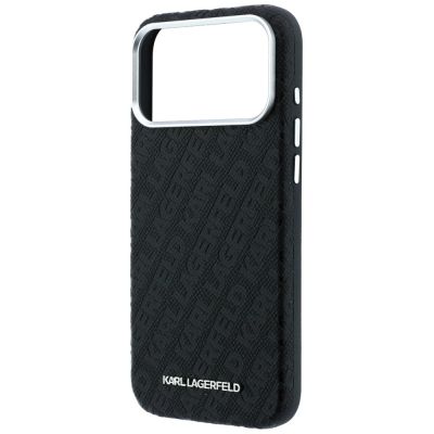 6. Karl Lagerfeld MagSafe-Schutzhülle aus Metall mit genarbtem Allover-Logo für iPhone 17 Pro / 18 Pro – Schwarz