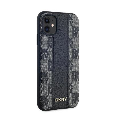 4. DKNY Leder-MagSafe-Hülle mit kariertem Monomuster für iPhone 11 / Xr – Schwarz