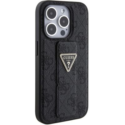 5. Guess Grip Stand 4G Triangle Strass Hülle für iPhone 15 Pro – Schwarz