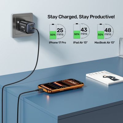 13. UNITEK 2x GAN 45W Ladegerät, 2x USB-C PD 3.0, QC, Schwarz