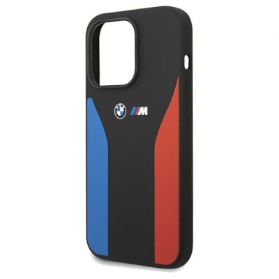 6. BMW Silikonhülle mit blauen und roten Streifen aus der M-Kollektion für iPhone 15 Pro Max – Schwarz