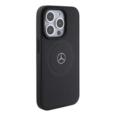 4. Mercedes-Benz MagSafe-Lederhülle mit gekreuzten Linien für iPhone 15 Pro – Schwarz