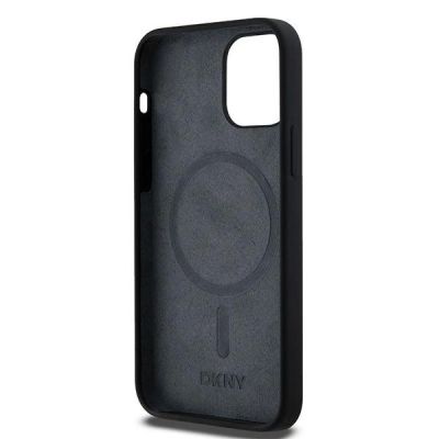 3. DKNY Flüssigsilikon-MagSafe-Hülle mit weißem bedrucktem Logo für iPhone 12/12 Pro – Schwarz
