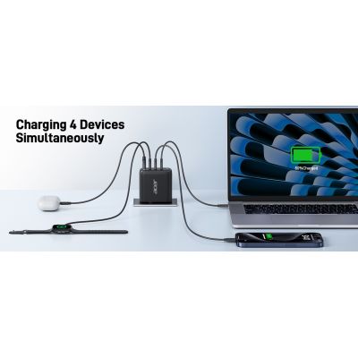 7. Acer 100W PD GaN-Ladegerät, 3 x USB-C und 1 x USB-A, EU-Stecker, 100W USB-C-Kabel, Schwarz, Einzelhandelsverpackung