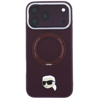 3. Karl Lagerfeld mit Ring Stand 360 Karl Head Pin MagSafe Hülle für iPhone 18 Pro / 17 Pro - bordeauxrot