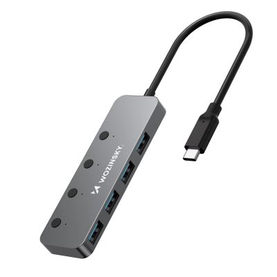 4. Wozinsky WHS088YSS 4x USB-A Aluminium-Hub mit Einzelschaltern und 15 cm USB-C-Kabel – Grau