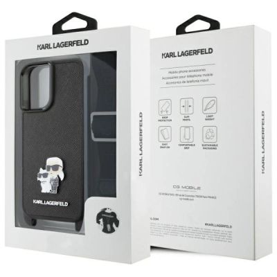 6. Karl Lagerfeld Saffiano Karl&Choupette Metall-Pin CBDY Schutzhülle für iPhone 16 - Schwarz