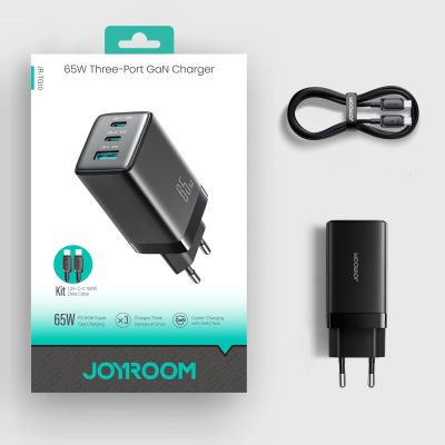 13. Joyroom JR-TG10 65W GaN 2x USB-C + USB-A Wandladegerät mit 100W USB-C - USB-C 1,2m Kabel - schwarz